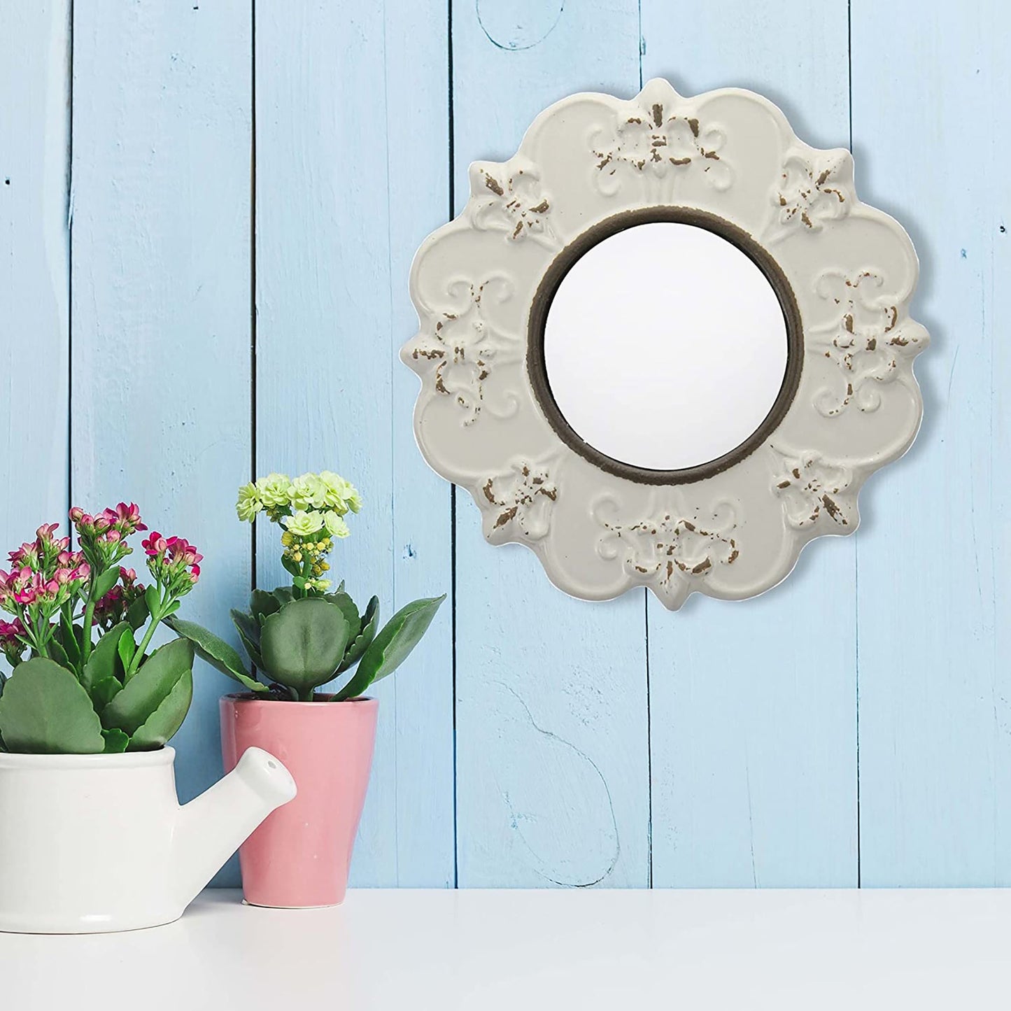 Decorative 8 Inch Antique White Round Ceramic Accent Wall Mirror