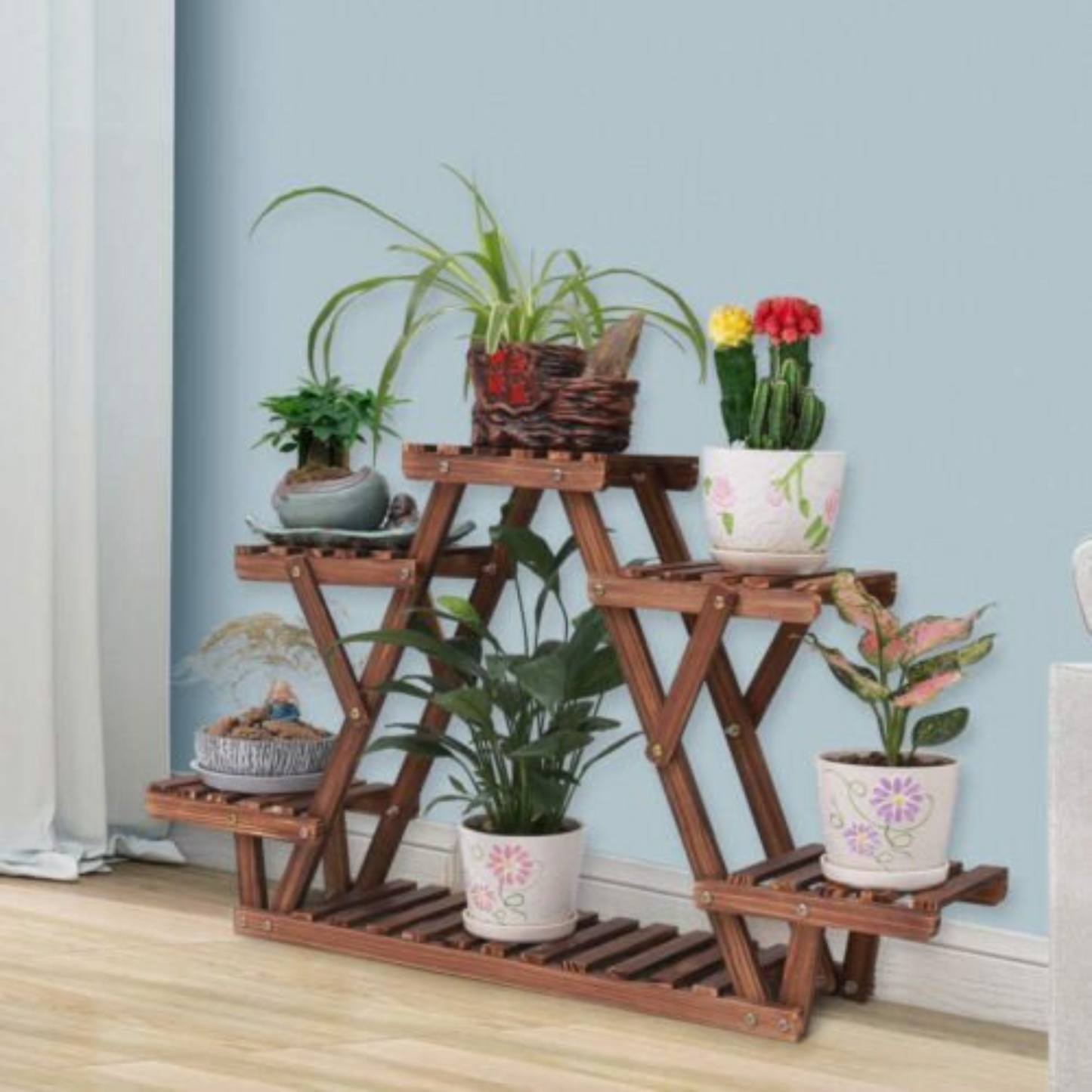 Heavy Duty Triangle Wood Plant Stand Indoor Outdoor Flower Succulent Shelf