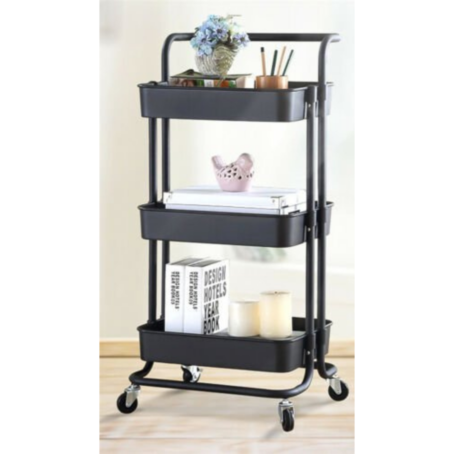 3-Tier Rolling Storage Cart with Handle Basket Serving Trolley Organizer