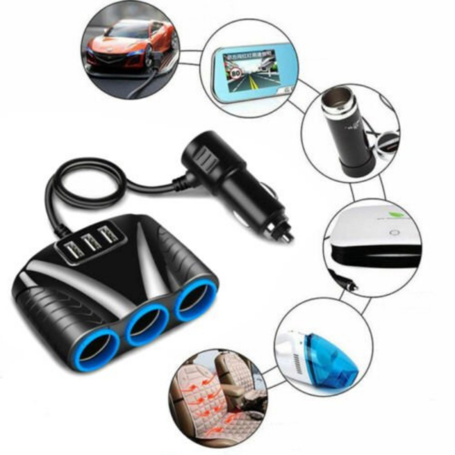 3 Way DC Car Charger Multi Socket with USB Ports