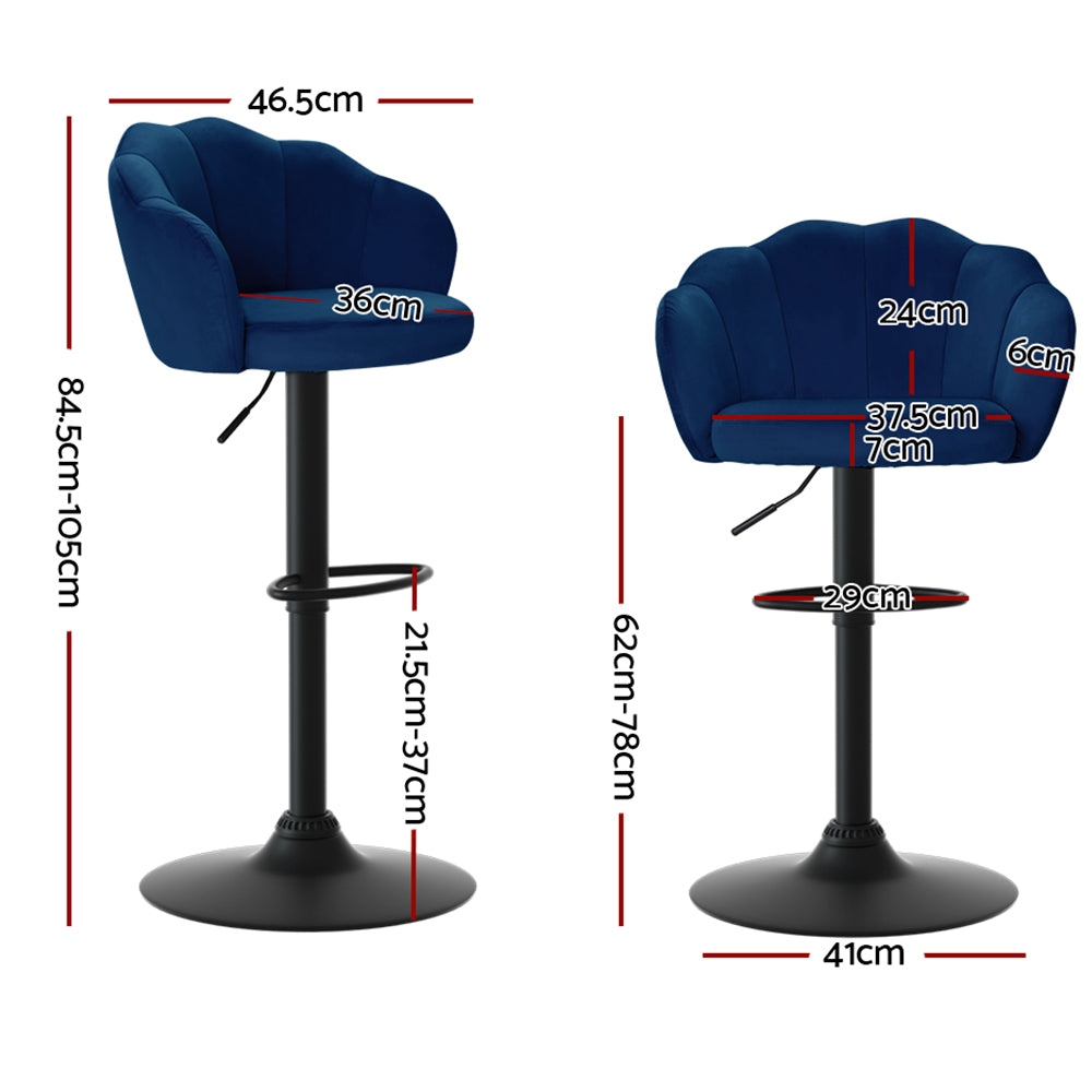 Set of 2 Bar Stools Kitchen Stool Swivel Chair Gas Lift Velvet Chairs Blue