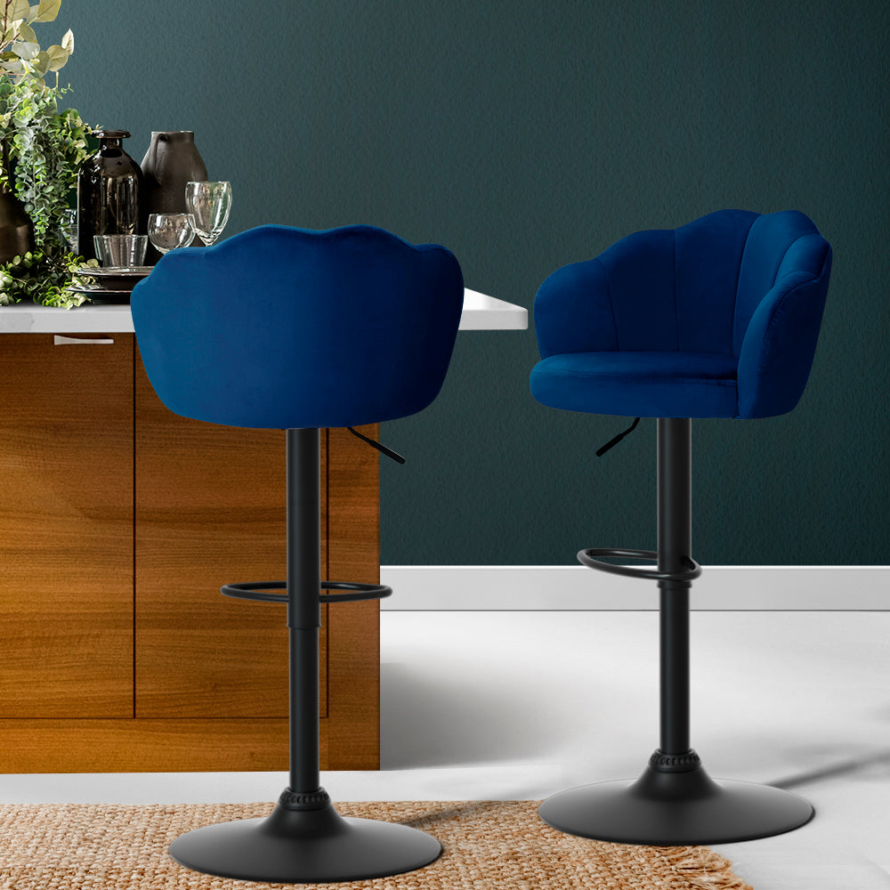 Set of 2 Bar Stools Kitchen Stool Swivel Chair Gas Lift Velvet Chairs Blue
