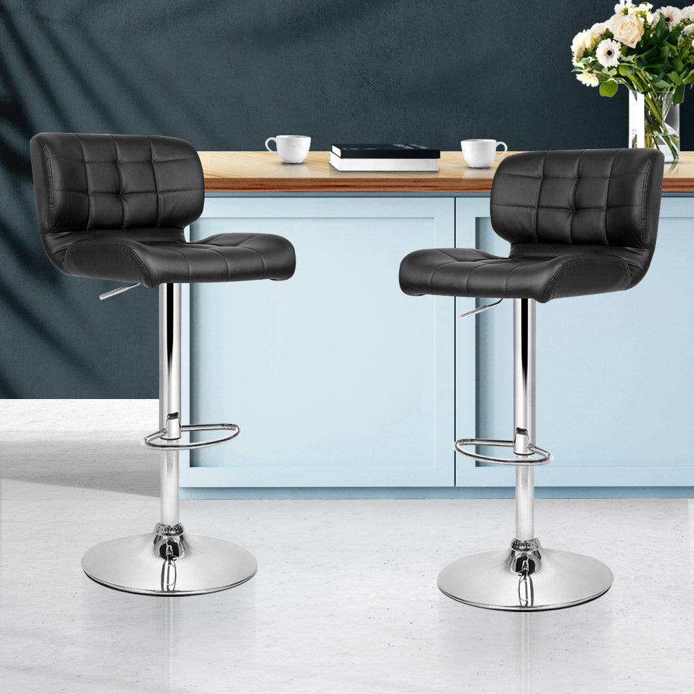 Leather Bar Stools Gas Lift - Black and Chrome - Set of 2