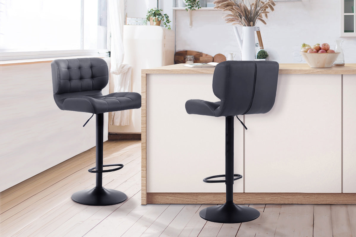 Leather Bar Stools Gas Lift - Black and Grey - Set of 2