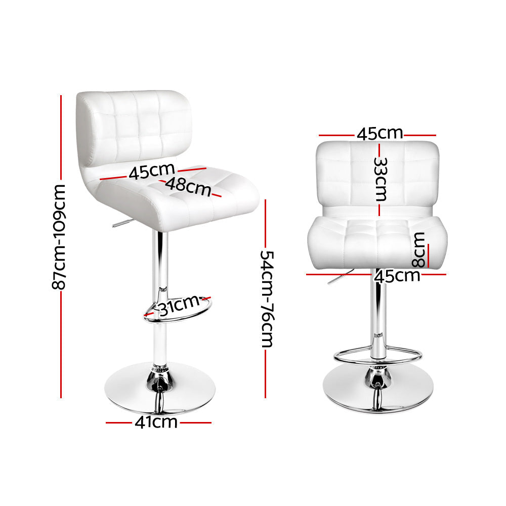 Leather Bar Stools with Backrest Gas Lift - White and Chrome - Set of 2