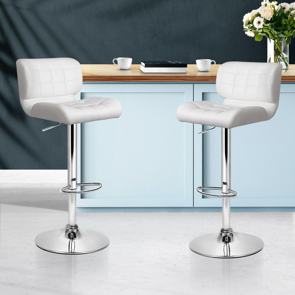 Leather Bar Stools with Backrest Gas Lift - White and Chrome - Set of 2