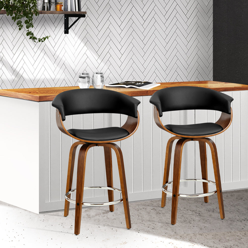 Set of 2 Swivel PU Leather Bar Stool - Wood and Black