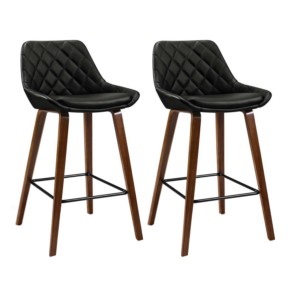 Set of 2 Bar Stools Bentwood PU Leather Diamond Pleat - Black