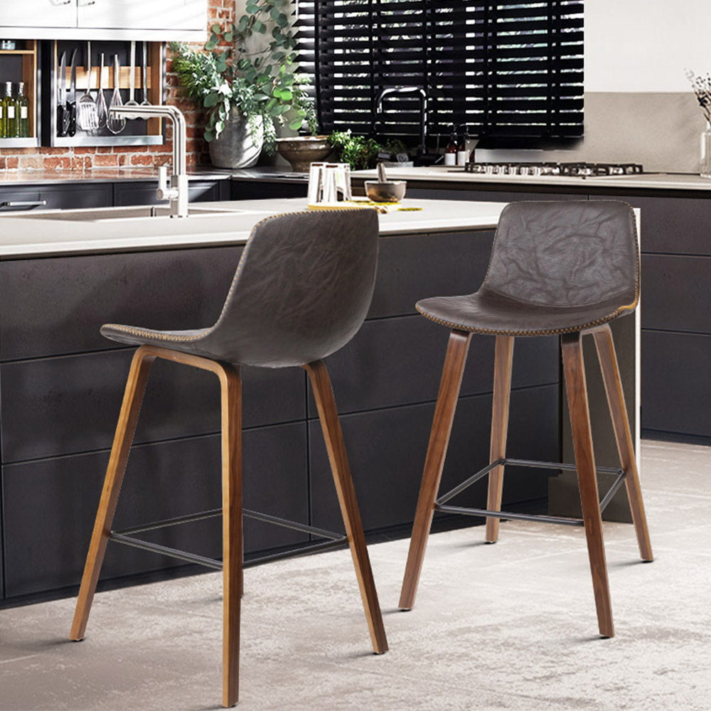 Leather Patterned Bar Stools Gas Lift - Wood and Brown - Set of 2