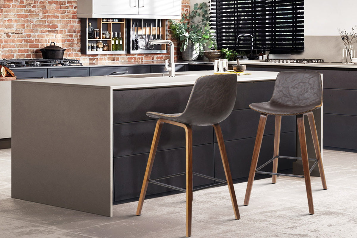 Leather Patterned Bar Stools Gas Lift - Wood and Brown - Set of 2
