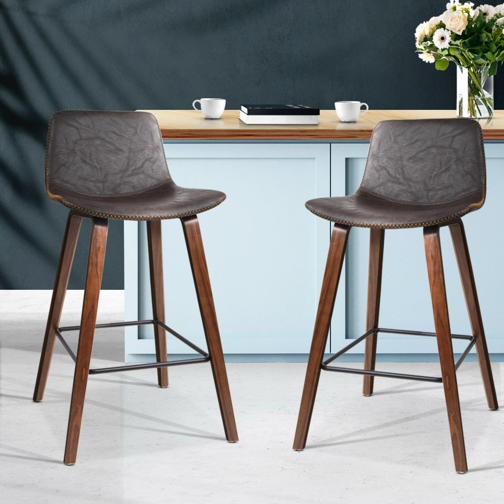Leather Patterned Bar Stools Gas Lift - Wood and Brown - Set of 2