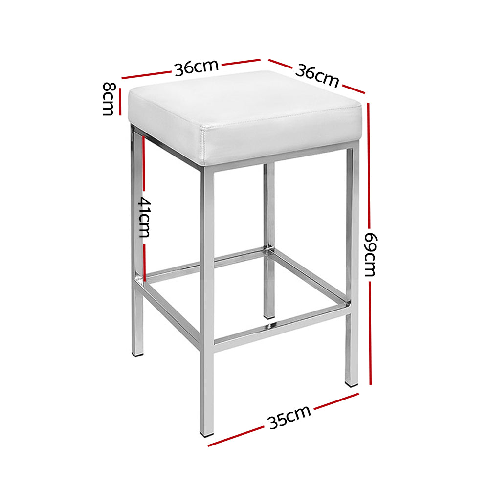 Leather Backless Bar Stools Gas Lift - White and Chrome - Set of 2