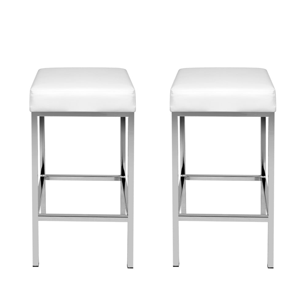 Leather Backless Bar Stools Gas Lift - White and Chrome - Set of 2