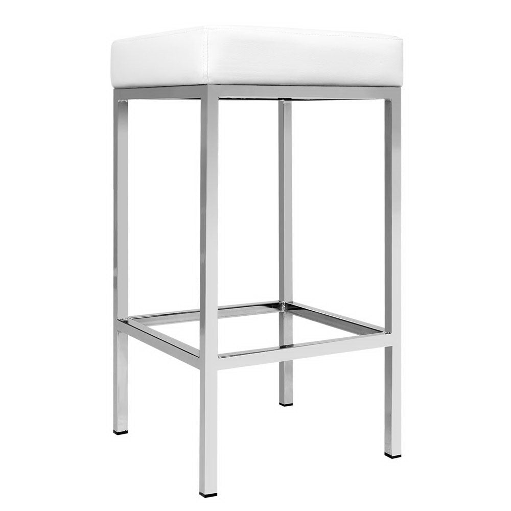 Leather Backless Bar Stools Gas Lift - White and Chrome - Set of 2