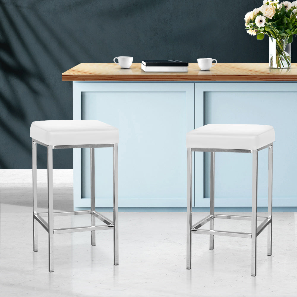 Leather Backless Bar Stools Gas Lift - White and Chrome - Set of 2