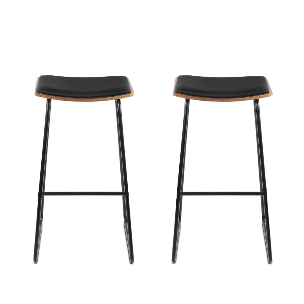 Set of 2 Backless PU Leather Bar Stools - Black and Wood