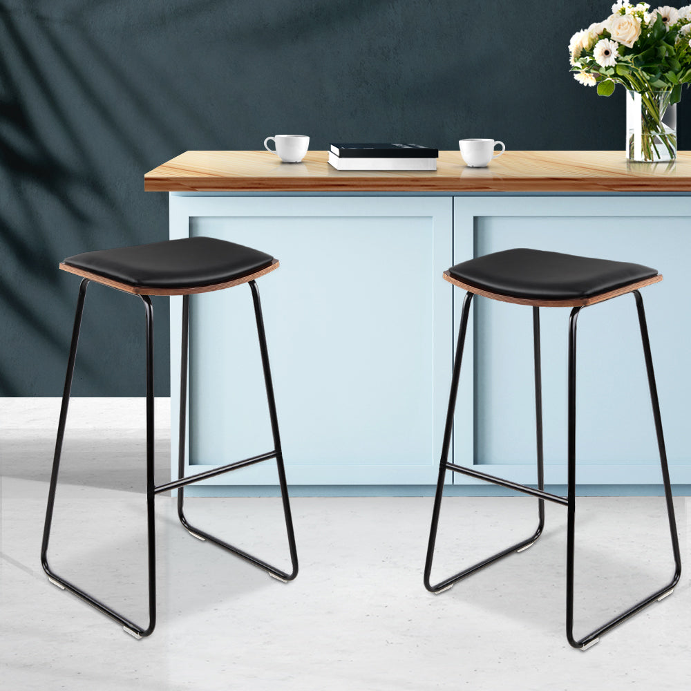 Set of 2 Backless PU Leather Bar Stools - Black and Wood
