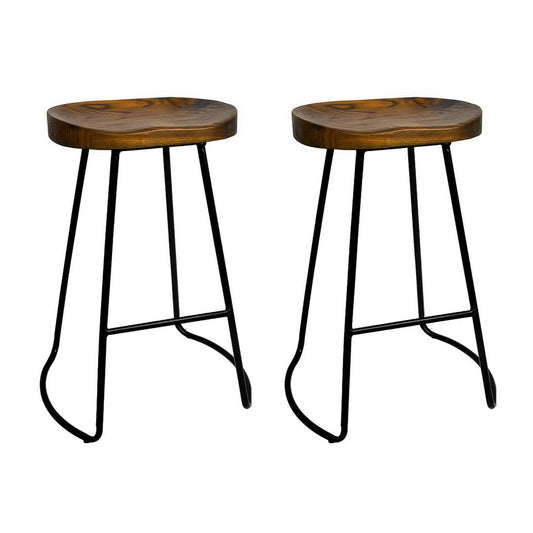 Artiss Set of 2 Elm Wood Backless Bar Stools 65cm - Black and Dark Natural