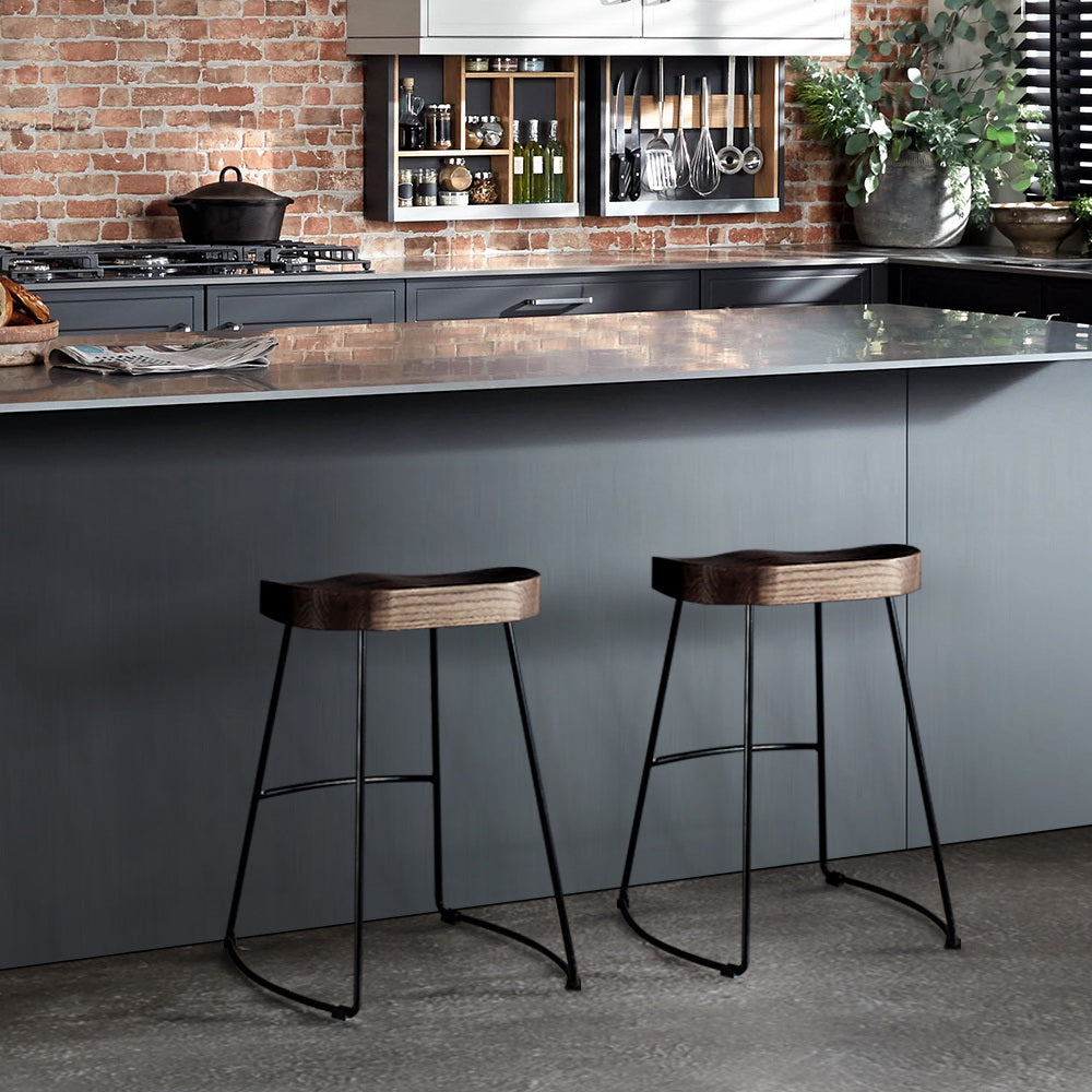 Backless Wooden Bar Stools 65cm Black and Dark Natural - Set of 2