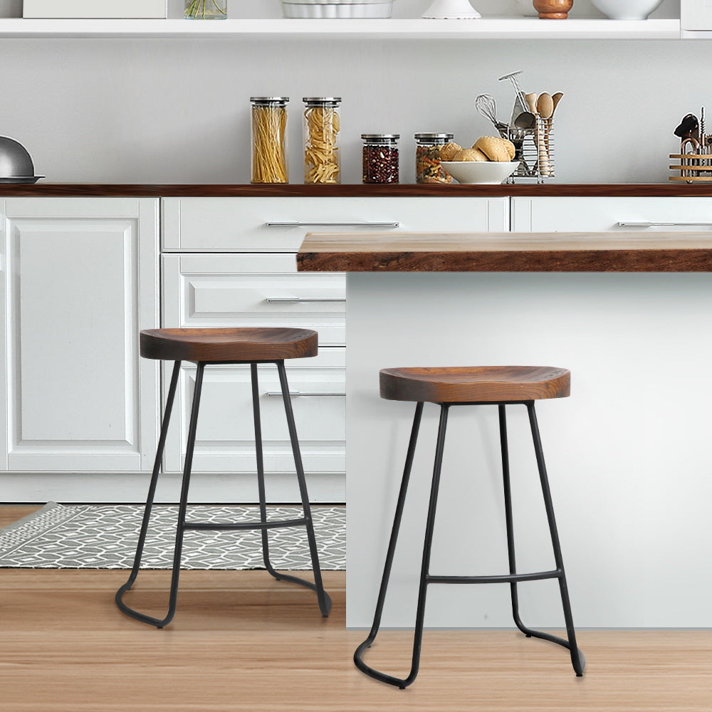 Backless Wooden Bar Stools 65cm Black and Dark Natural - Set of 2