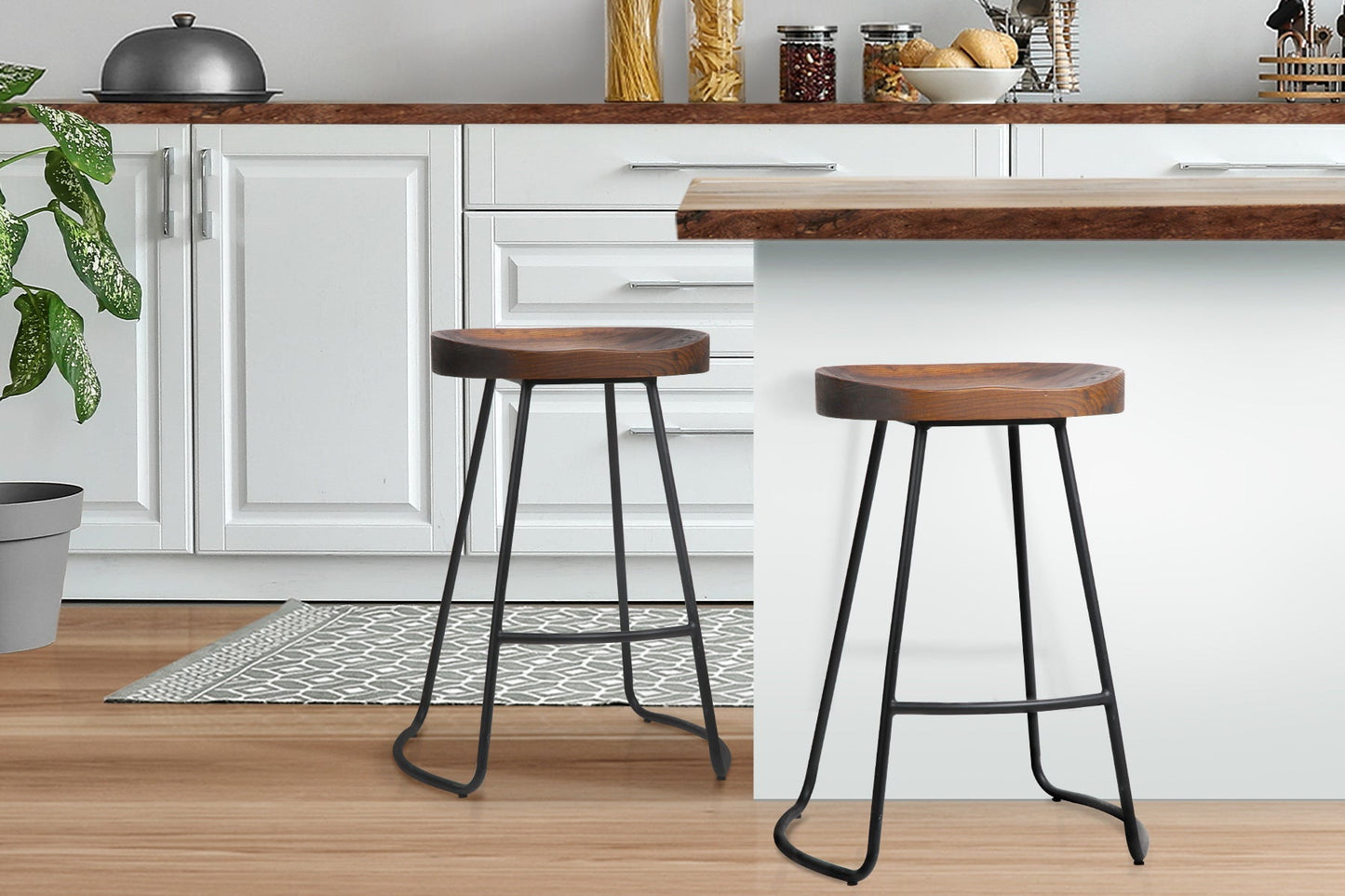 Backless Wooden Bar Stools 65cm Black and Dark Natural - Set of 2