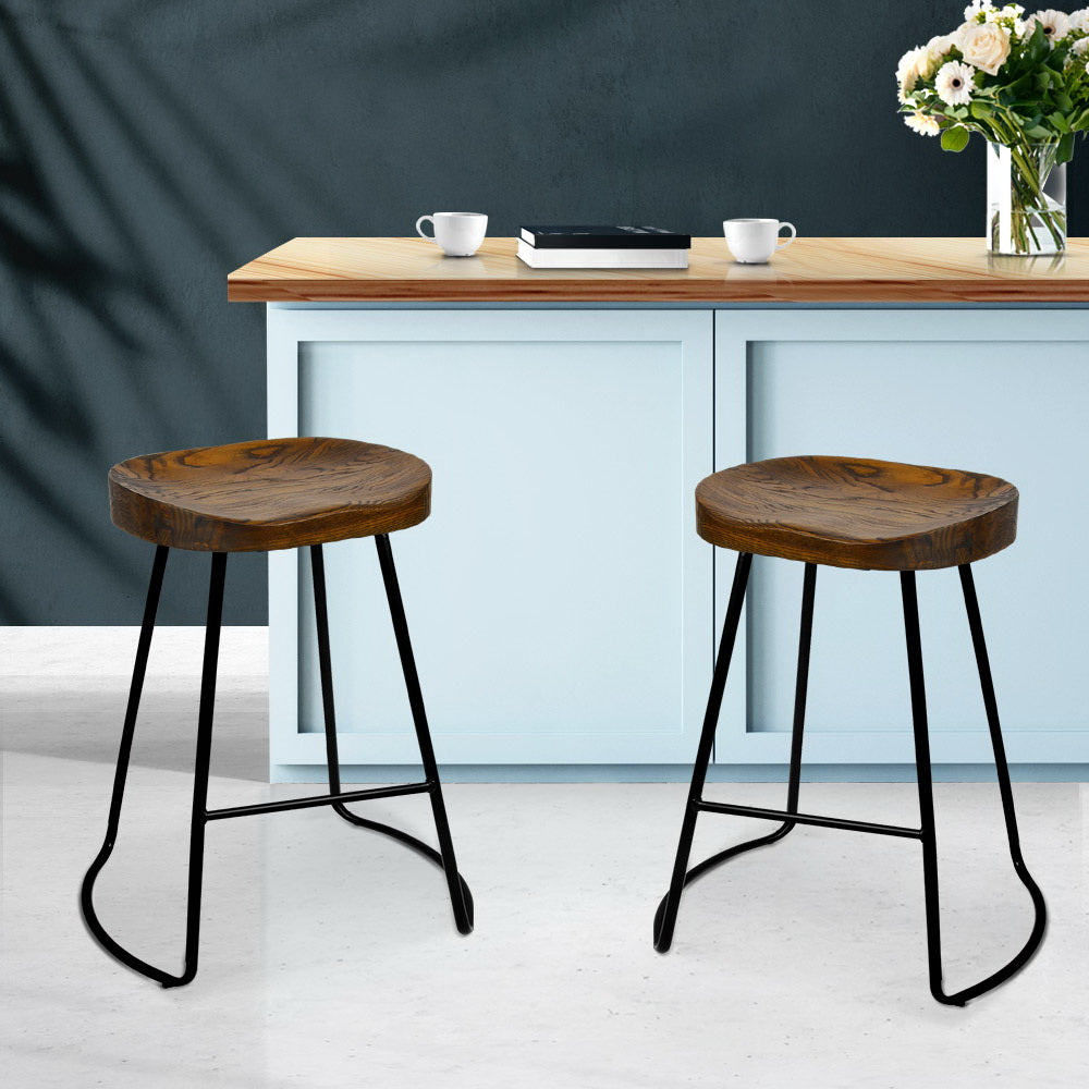 Backless Wooden Bar Stools 65cm Black and Dark Natural - Set of 2