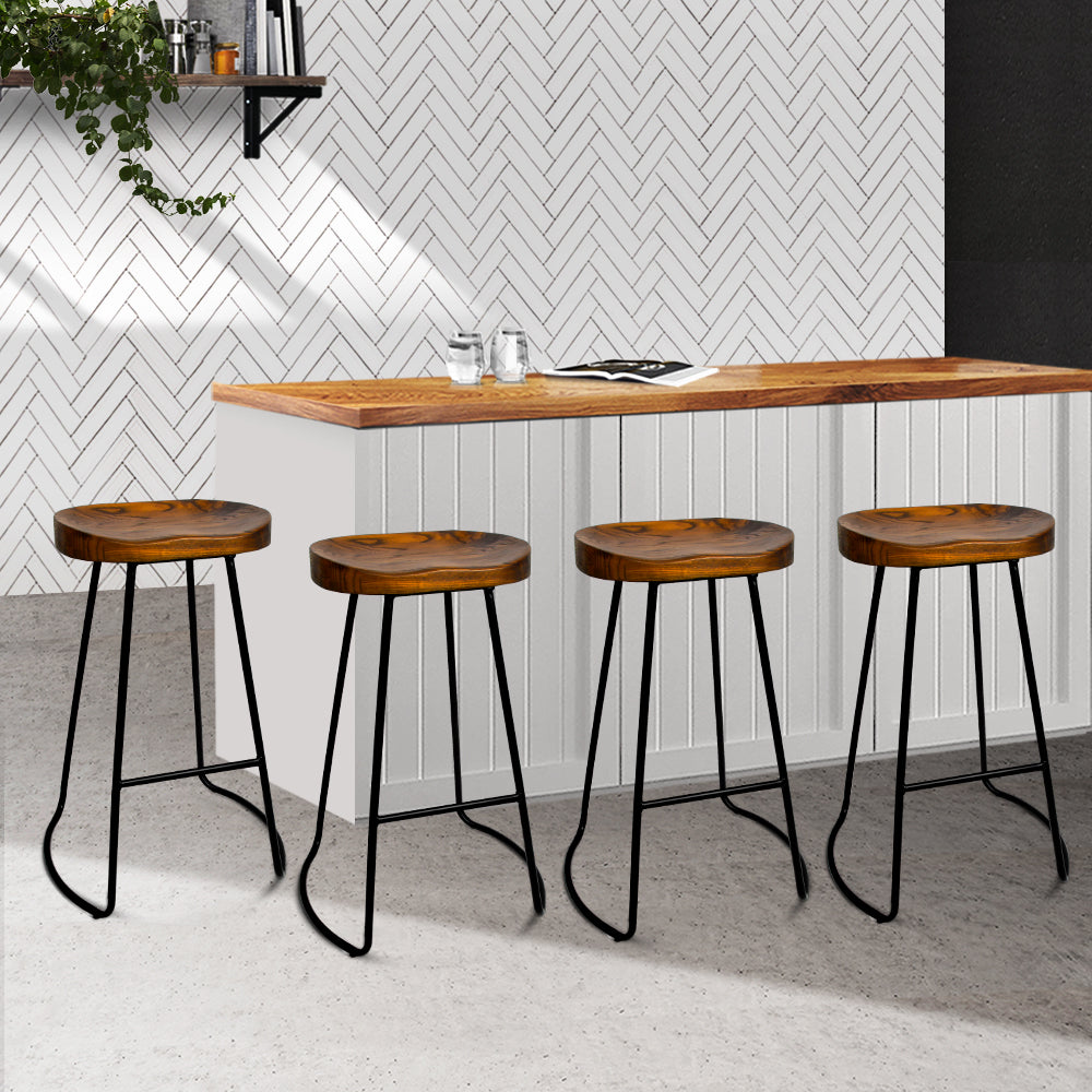 Set of 4 Elm Wood Backless Bar Stools 65cm - Black and Dark Natural