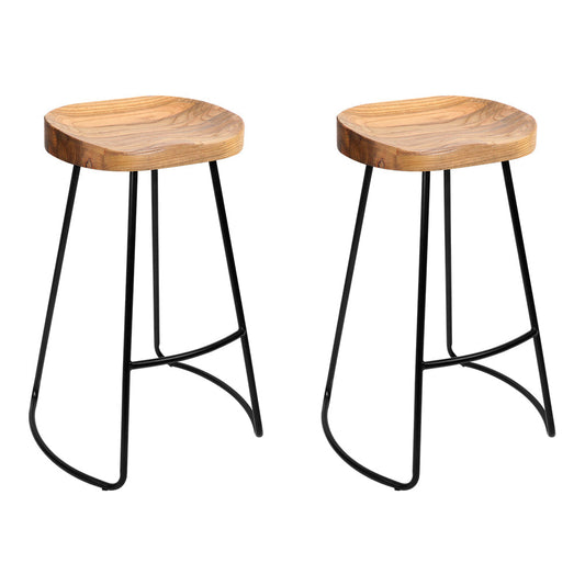 Set of 2 Elm Wood Backless Bar Stools 65cm - Black and Light Natural
