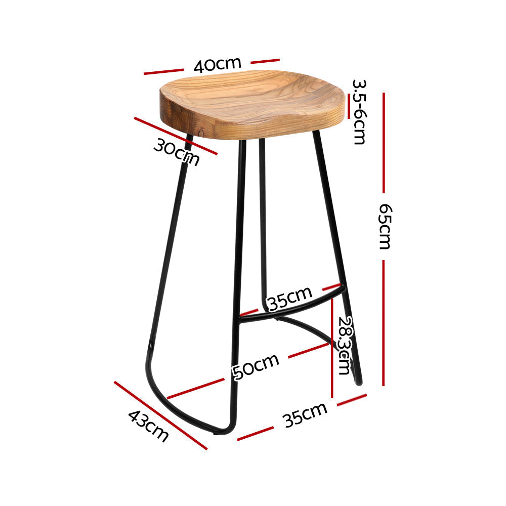 Set of 2 Elm Wood Backless Bar Stools 65cm - Black and Light Natural
