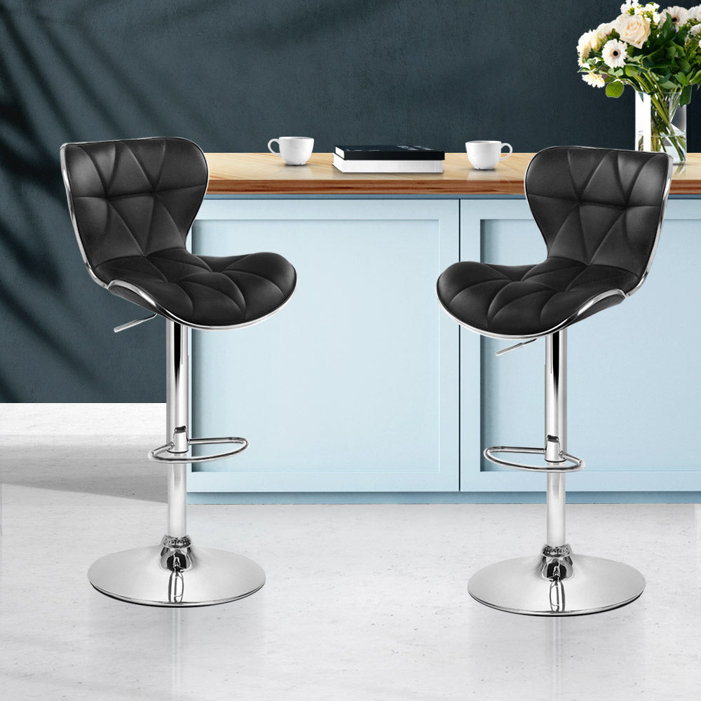 Leather Patterned Bar Stools Gas Lift - Black and Chrome - Set of 2