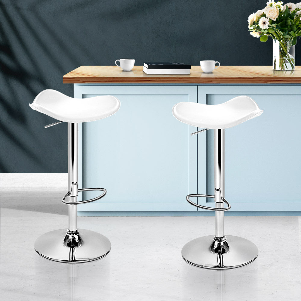 Leather Bar Stools Gas Lift - White and Chrome - Set of 2