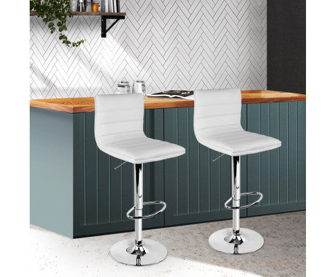 Leather Bar Stools Padded Line Style - White - Set of 2