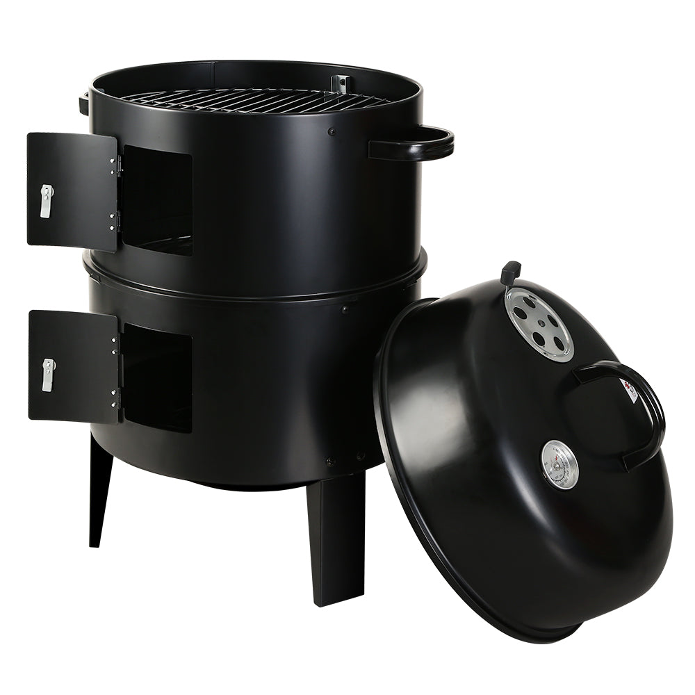3-in-1 Heavy Duty Steel Charcoal BBQ Smoker - Black