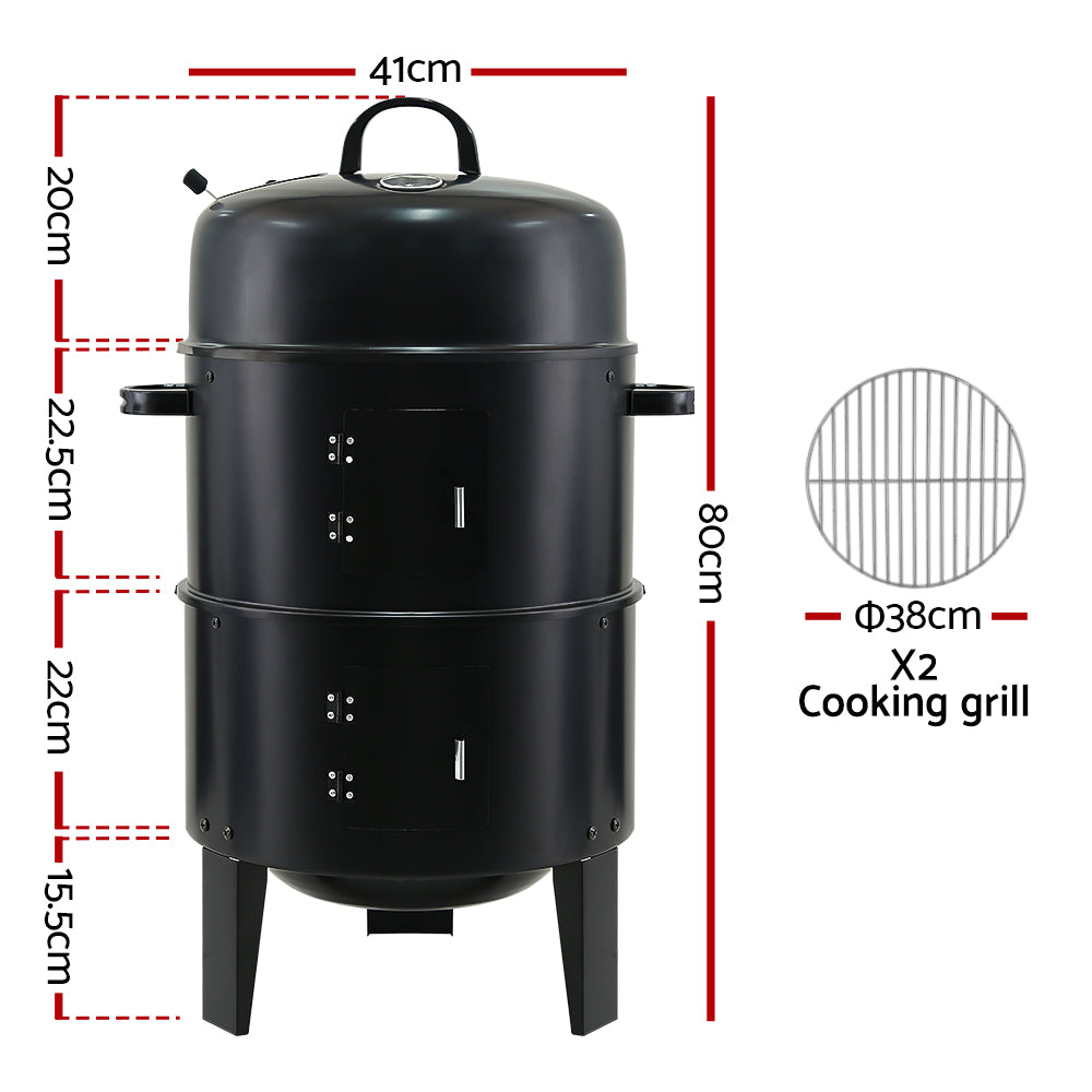 3-in-1 Heavy Duty Steel Charcoal BBQ Smoker - Black