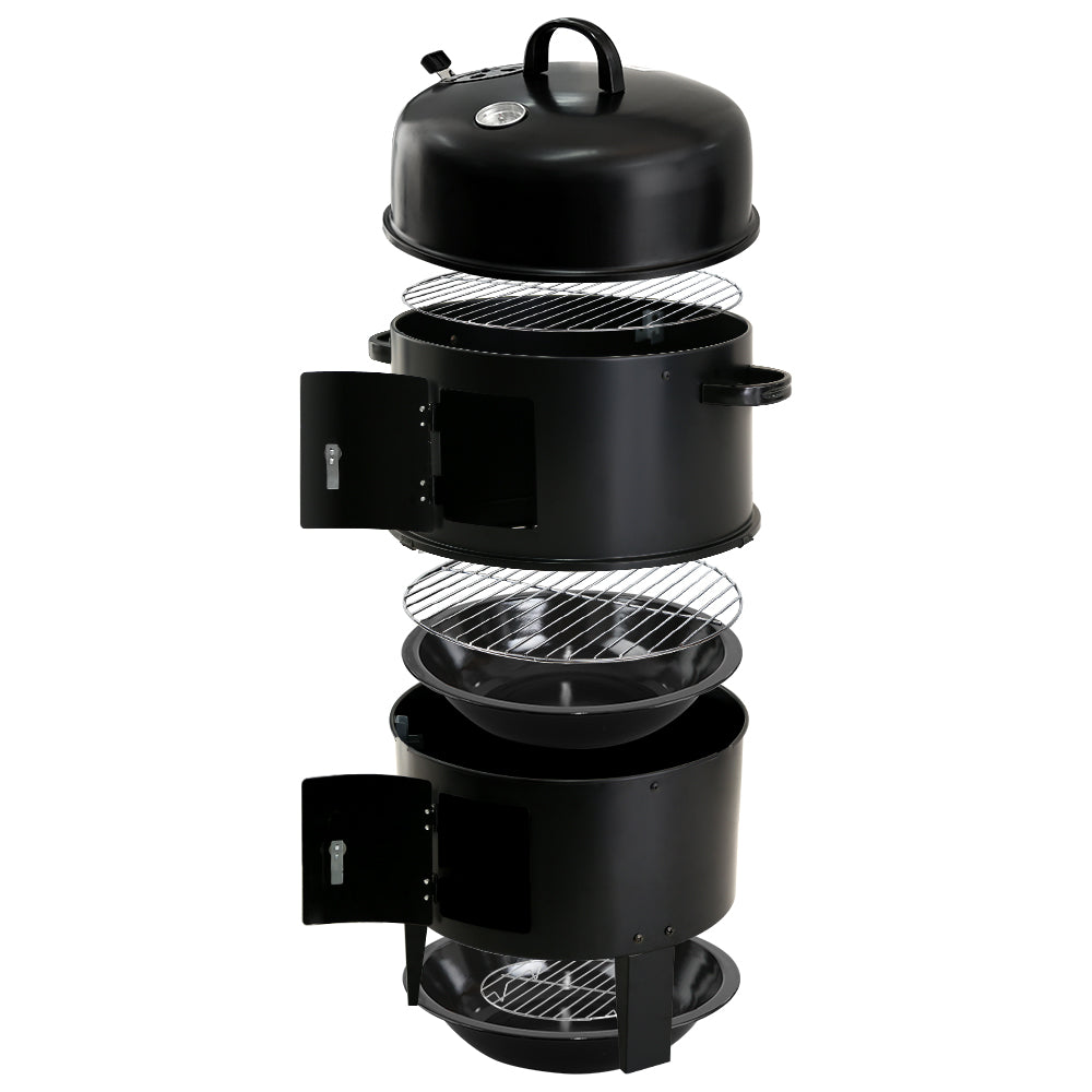 3-in-1 Heavy Duty Steel Charcoal BBQ Smoker - Black