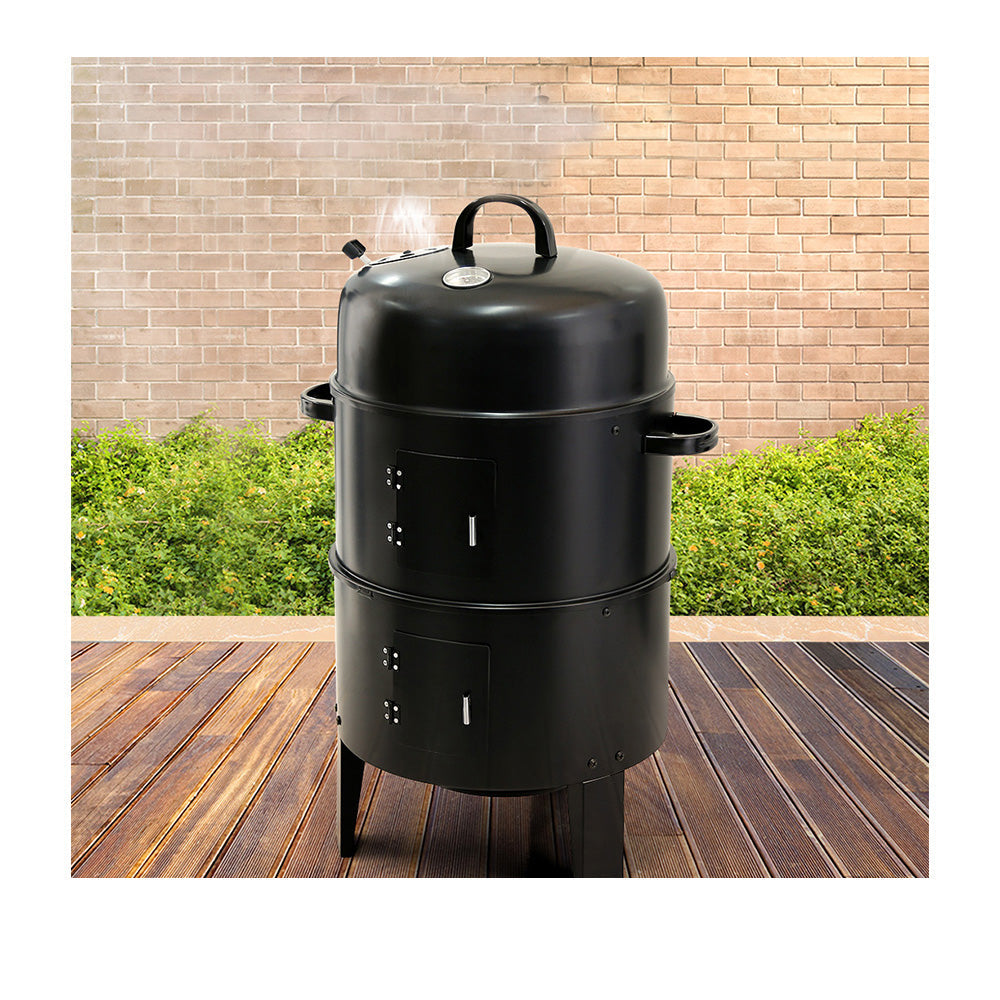 3-in-1 Heavy Duty Steel Charcoal BBQ Smoker - Black