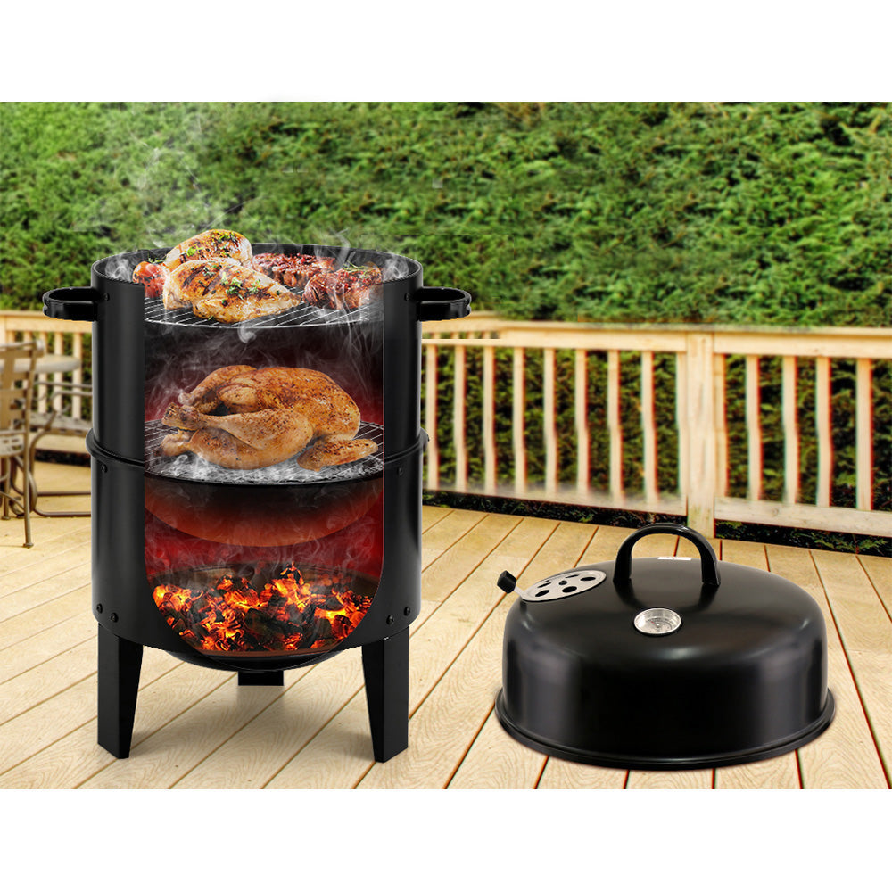 3-in-1 Heavy Duty Steel Charcoal BBQ Smoker - Black