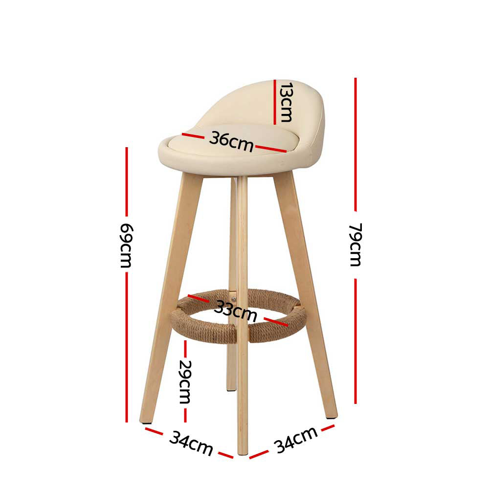 Leather Bar Stools with Backrest Gas Lift - Beige - Set of 2