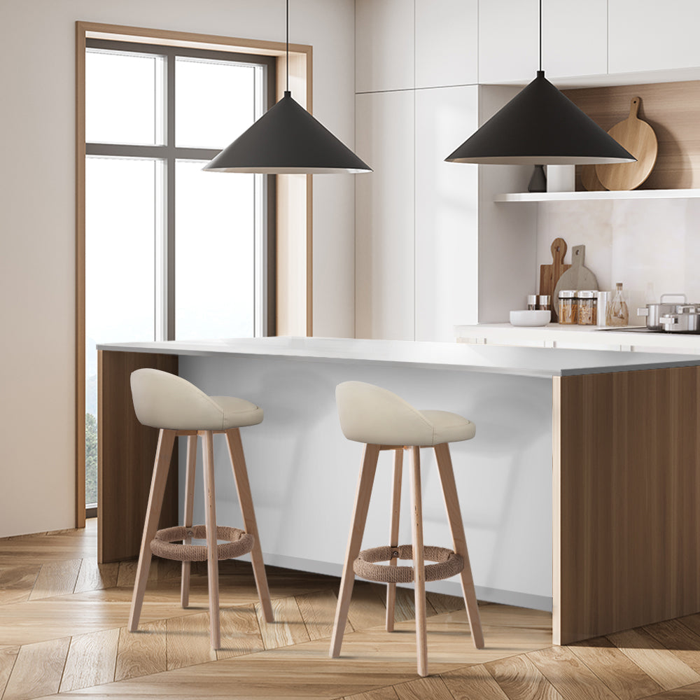 Leather Bar Stools with Backrest Gas Lift - Beige - Set of 2