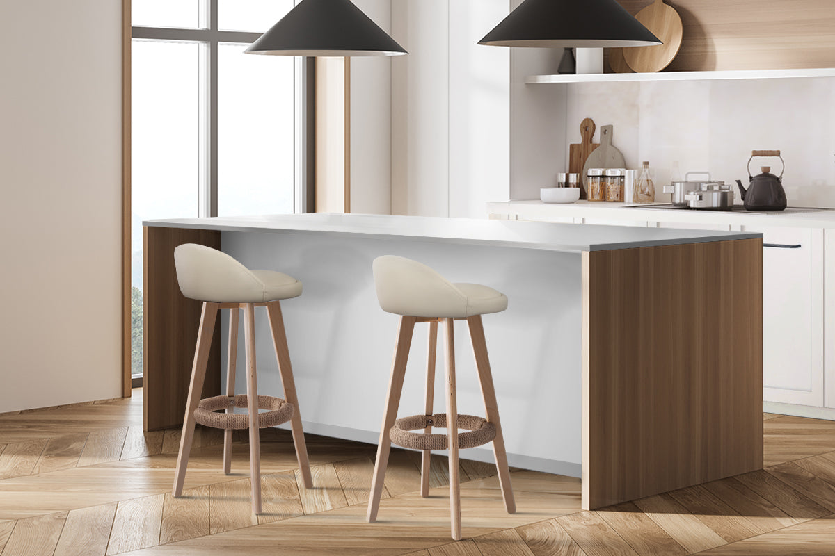 Leather Bar Stools with Backrest Gas Lift - Beige - Set of 2