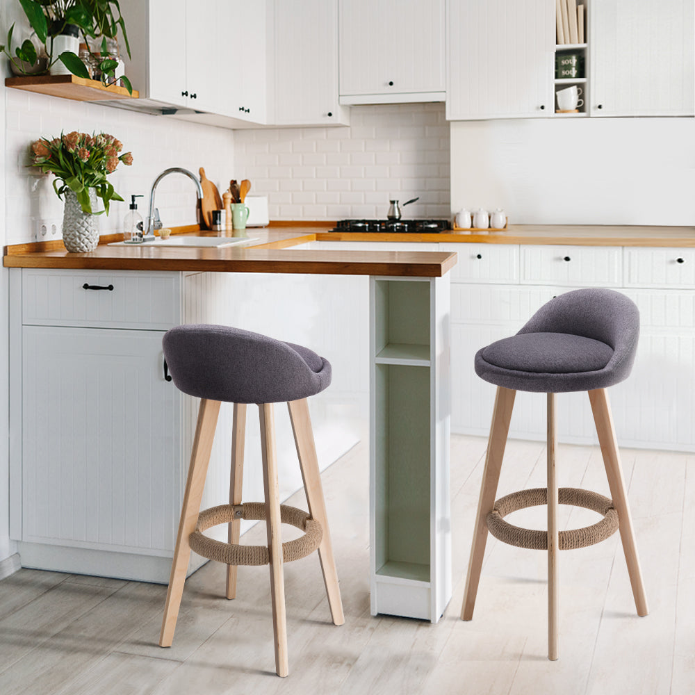 Fabric Bar Stools - Grey and Wood - Set of 2