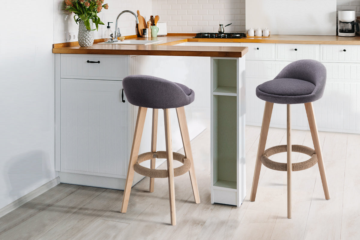 Fabric Bar Stools - Grey and Wood - Set of 2