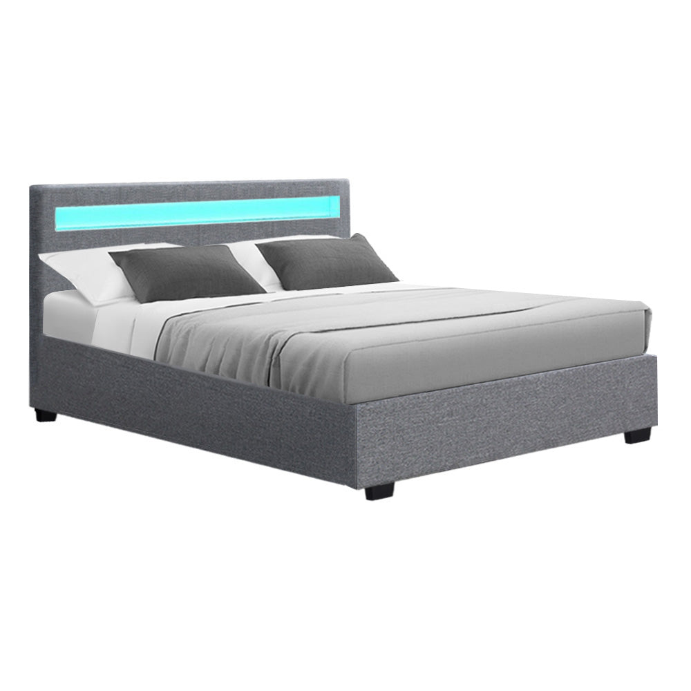 LED Bed Frame Fabric Gas Lift Storage - Grey Double