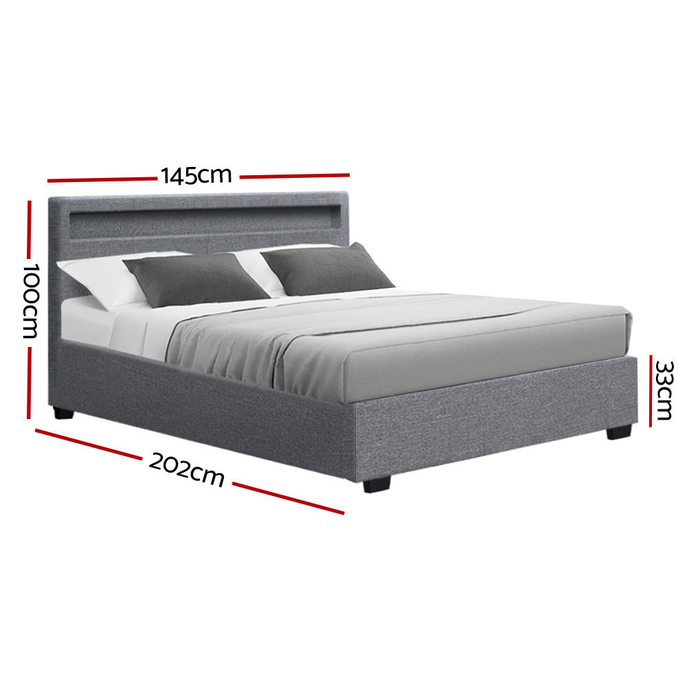 LED Bed Frame Fabric Gas Lift Storage - Grey Double