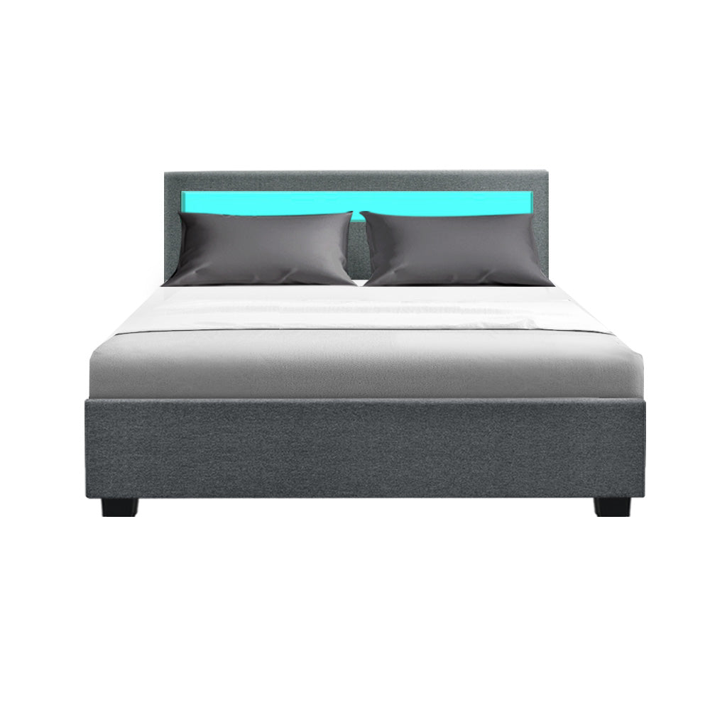 LED Bed Frame Fabric Gas Lift Storage - Grey Double
