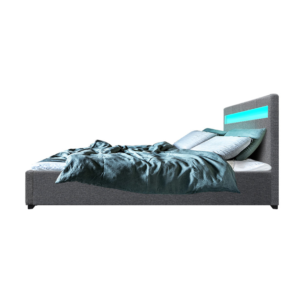 LED Bed Frame Fabric Gas Lift Storage - Grey Double