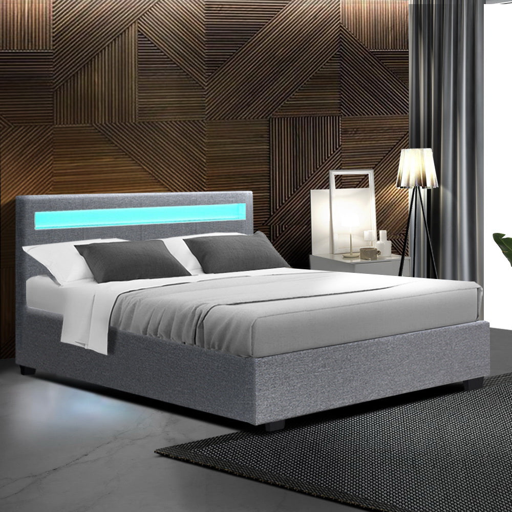 LED Bed Frame Fabric Gas Lift Storage - Grey Double