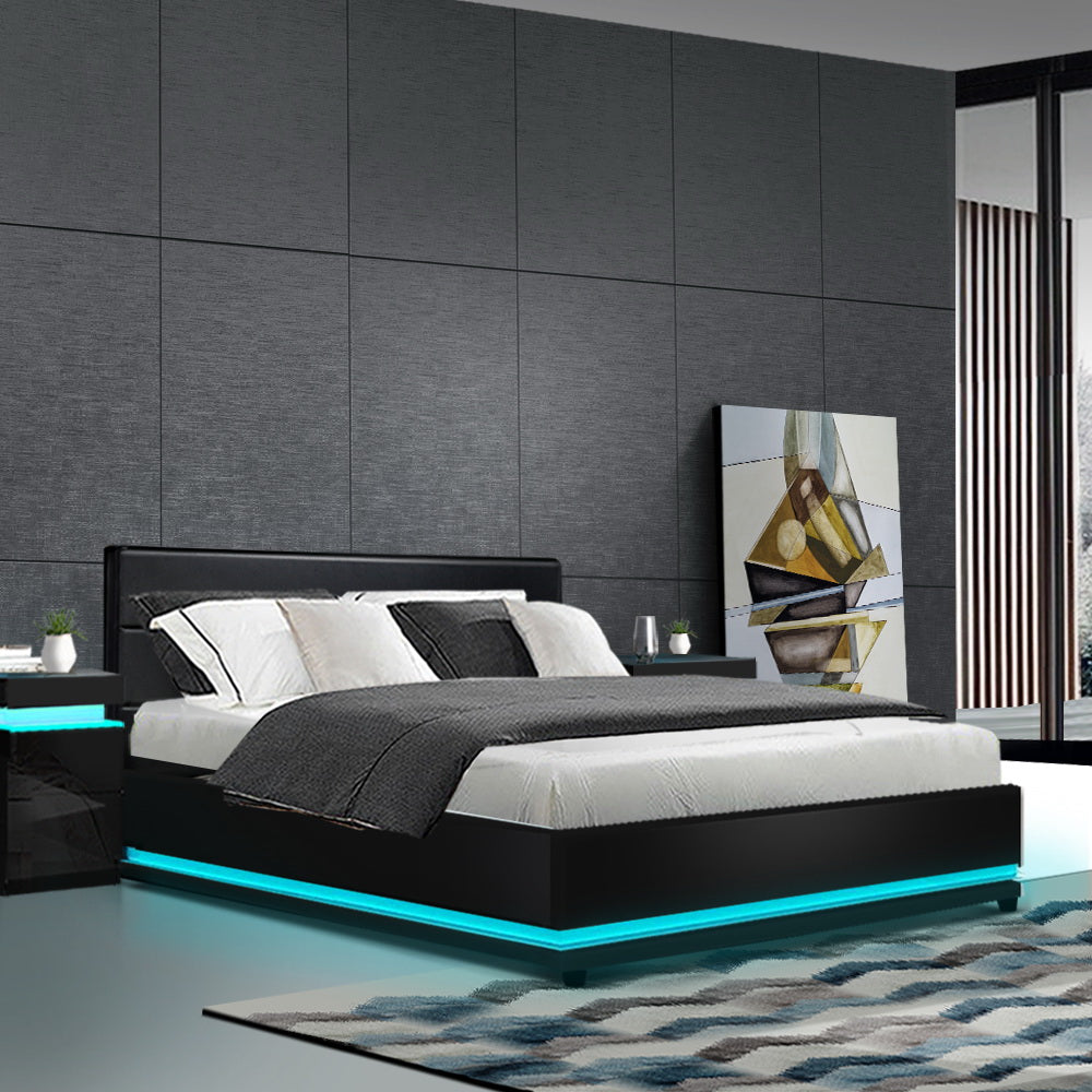 LED Bed Frame PU Leather Gas Lift Storage - Black Double