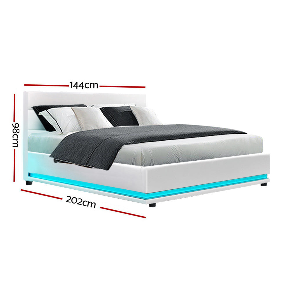 LED Bed Frame PU Leather Gas Lift Storage - White Double