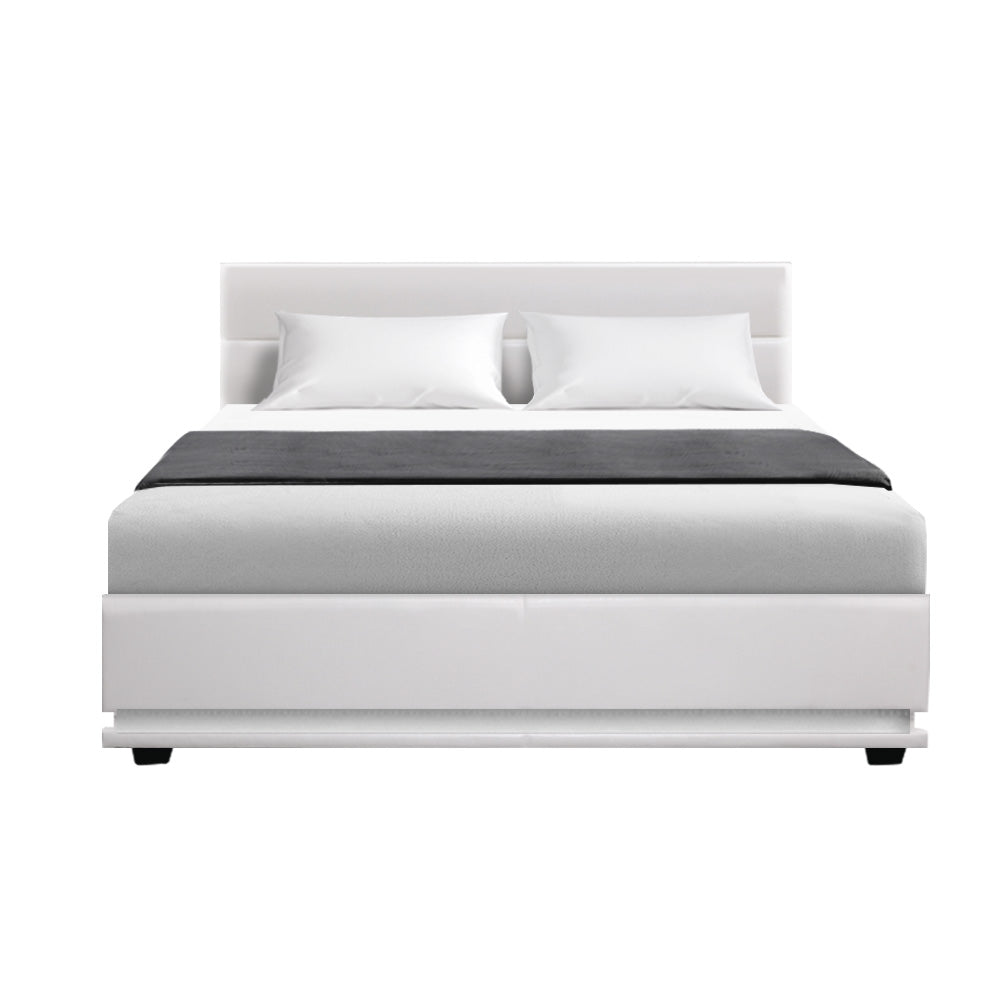LED Bed Frame PU Leather Gas Lift Storage - White Double